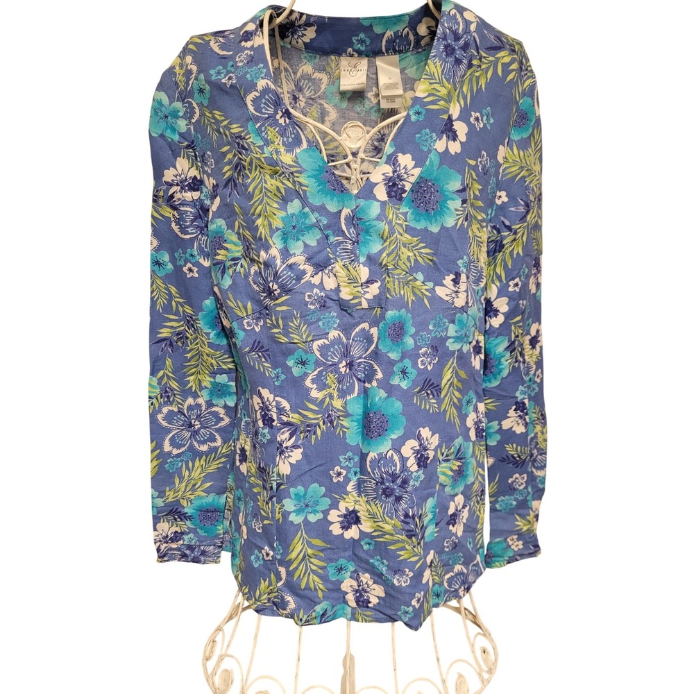 Emma James Liz Claiborne Blouse Womens Blue Floral Linen Blend Tropical Size 10